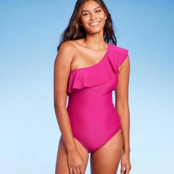 Kona Sol Other - Kona Sol Pink One Shoulder Ruffle Full Coverage One Piece Swimsuit M